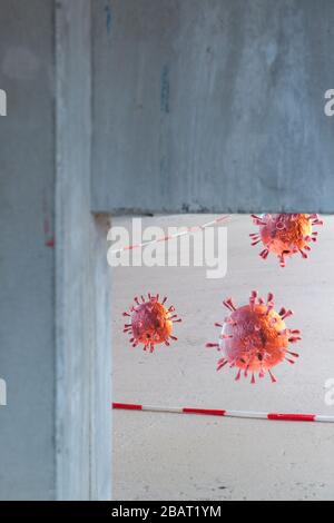 Neues modernes Gebäude in Coronavirus-Quarantäne-Zeit mit rotem und weißem Warnband und Corona-Virusrenderings Stockfoto