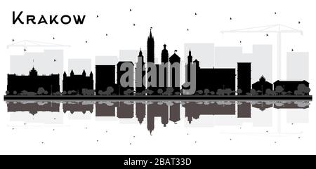 Krakauer Polen Stadt Skyline Silhouette mit schwarzen Gebäuden und Reflexionen isoliert auf Weiß. Vektorgrafiken. Stock Vektor