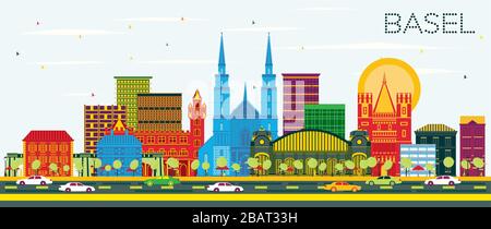 Basel, Schweiz die Skyline der Stadt mit Gebäuden und blauer Himmel. Vector Illustration. Business Travel und Tourismus Konzept mit historischer Architektur. Stock Vektor