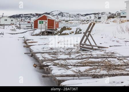 Fischfacke, eine Plattform zum Trocknen von Kabeljau im Experience Fogo Dolmetschzentrum in Fogo auf Fogo Island, Neufundland, Kanada Stockfoto