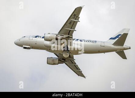 Finnair Airbus A319, OH-LVK, Abfahrt vom Flughafen Manchester Stockfoto