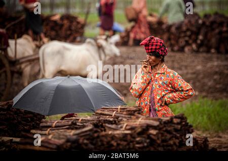 Frau raucht auf dem Thaung Tho Kyaung Markt. Inle Lake, Myanmar Stockfoto