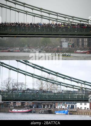 Ein Verbundfoto, das Cambridge beim Herrenbootrennen 2019 (oben) am 07-04-2019 an Hammersmith-Brücke heranführt und eine allgemeine Ansicht der Hammersmith-Brücke (unten) am 29.03.2020. Stockfoto