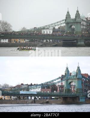 Ein Verbundfoto, das Cambridge beim Herrenbootrennen 2019 (oben) am 07-04-2019 an Hammersmith-Brücke heranführt und eine allgemeine Ansicht der Hammersmith-Brücke (unten) am 29.03.2020. Stockfoto