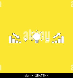 Vektor Illustration Konzept der Verkaufsleiste Diagramm nach unten plus glühende Glühbirne Idee entspricht Umsatz Balkendiagramm bewegt sich nach oben. Weiß, schwarzer Umriss Stock Vektor
