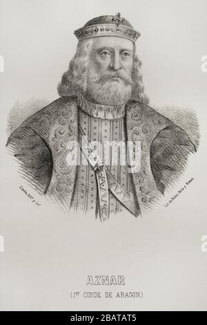 Aznar i Galindez (d. 839). Graf von Aragon (809-820), Cerdanya und Urgell (820-839). Hochformat. Illustration von Santiago Llanta. Die Lithographie. Cronica General de España, Historia Ilustrada y Descriptiva de sus Provincias. Aragon, Im Jahr 1866. Stockfoto