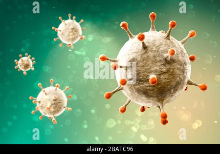 Mikroskopische Sicht auf Coronavirus, einen Erreger, der die Atemwege angreift. Covid-19. Analyse und Test, Experimentieren. Sars. 3D-Rendering Stockfoto