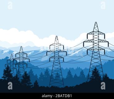 Tangentialtürme in Bergen, Hochspannungsnetzleitungen Pylone, Stromversorgung Stock Vektor