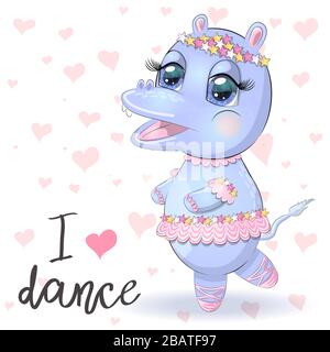 Handgezeichnetes Cartoon-Hippo tanzendes Ballett in einem Tutu. Tanzende Tiere.Kinderillustration Stock Vektor