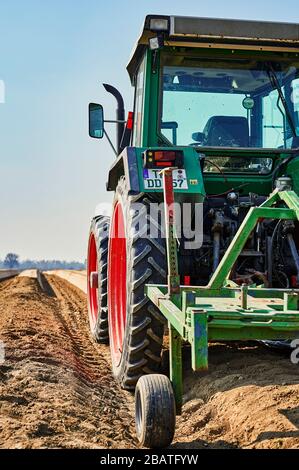 Brandenburg, Deutschland - 28. März 2020: Sie blicken an einem Traktor vorbei auf ein Spargelfeld in Deutschland. Der Schwerpunkt liegt auf dem Reifen des Traktors, dem Horizont Stockfoto