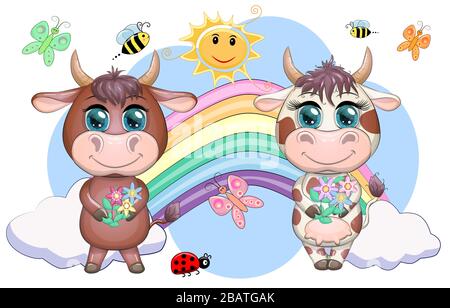 Süßes Cartoon-Paar Kuh und Stier mit Blumen auf einem Regenbogenhintergrund. Symbol des Jahres 2021 gemäß dem chinesischen Kalender. Kinder Stock Vektor