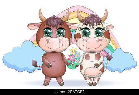 Süßes Cartoon-Paar Kuh und Stier mit Blumen auf einem Regenbogenhintergrund. Symbol des Jahres 2021 gemäß dem chinesischen Kalender. Kinder Stock Vektor