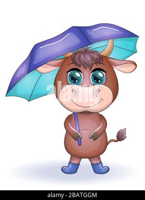 Niedlicher Cartoon-Stier mit blauem Regenschirm und in Stiefeln mit schönen blauen Augen mit einem Blumenstrauß. Herbst. Kinderillustration Stock Vektor