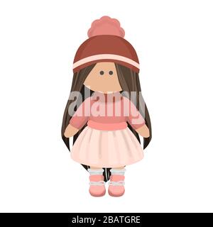 Süße Mädchen-Puppe mit langem Brunette-Haar in einem Strickmütze, rosafarbener Bluse und weißem Rock. Kinder-Zeichentrickfigur rag Puppe in Winterkleidung Stock Vektor