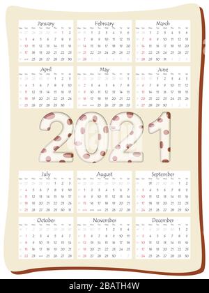 2021 Jahreskalender 12 Monate, Kalendervorlage in vertikaler Ausrichtung mit schöner Aufschrift 2021 mit dem Symbol der Jahreskuh, Stier. Stock Vektor