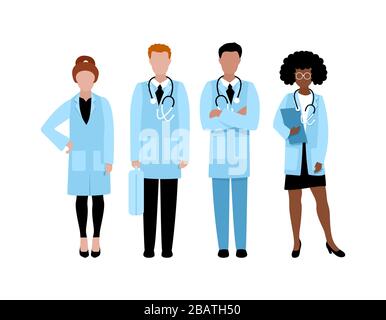 Gruppe von Ärzten. Männer und Frauen in medizinischen Mänteln. Menschen im Krankenhaus. Flache Vektorgrafiken. Stock Vektor