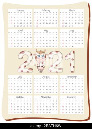 2021 Jahreskalender 12 Monate, Kalendervorlage in vertikaler Ausrichtung mit schöner Aufschrift 2021 mit dem Symbol der Jahreskuh, Stier. Stock Vektor