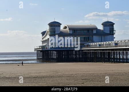 Weston-Super-Stute, North Somerset, Großbritannien. März 2020. UK Covid 19 Virus Lockdown.EIN einsamer Hundehalter am Strand.weltberühmter Weston Super Stute Seafront mit neuem Government Guide Lines Iminent. Bildgutschrift Robert Timoney/Alamy/Live/News Stockfoto