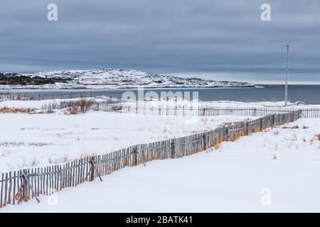 Zäune für die Tierhaltung im historischen Fischerdorf Tilting auf der Fogo Island in Neufundland, Kanada [keine Eigentumsfreigabe; zur Redaktion verfügbar Stockfoto