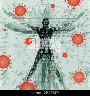 Vitruvian man futuristisch stilisiert, Opfer einer Coronavirus Pandemie. Darstellung des menschen von vitruvian mit Binärcodes, digitalen Zahlen und Coronavirus Stockfoto