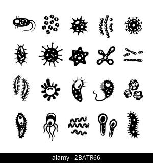 Bakterien und Viren sammeln sich in flacher Form, Mikroorganismen, die krankheitsverursachende Objekte verursachen. Verschiedene Arten, Bakterien, Viren, Coronavirus, Infusorium Stock Vektor