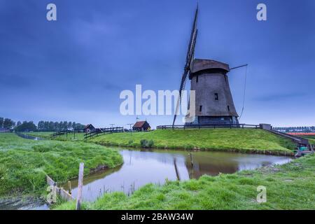 Grüne Rasenfelder und eine Windmühle spiegelten sich in der Abenddämmerung im Kanal wider. Berkmeer, Koggenland, Nordholland, Niederlande, Europa. Stockfoto