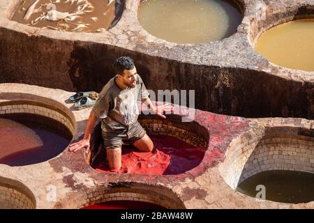 Arbeiter in Chouwara (Chouara) Gerberei, Fes Medina, Fez, Marokko Stockfoto