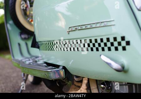 1963 restauriertes Pfefferminzgrün Lambretta 150sli Innocentis Stockfoto