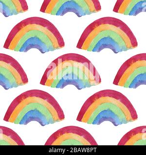 Regenbogenhintergrund. Nahtloses Muster mit farbenfrohen Regenbögen für Kinderurlaub, Textilien, Innendesign, Buchdesign. Stockfoto