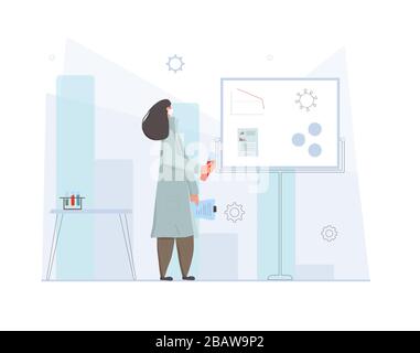 Coronavirus-Impfstoff-Neuzuweisung Konzept. Weibliche Ärztin in weißer medizinischer Gesichtsmaske. Charakter in Präventivmasken, die im Labor stehen.Vector Flat Illusstra Stock Vektor