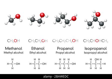 Methanol, Ethanol, Propanol und Isopropanol, Molekularmodelle und chemische Formeln von Alkoholverbindungen. Wird als Kraftstoff, Antiseptikum und Desinfektionsmittel verwendet. Stockfoto
