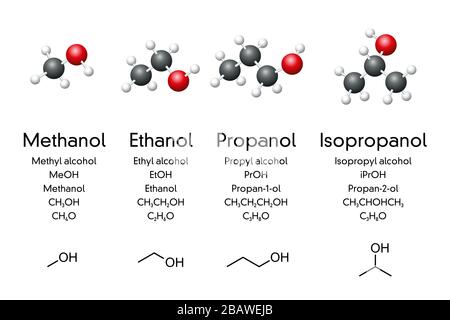 Einfache alkoholische Verbindungen, Molekularmodelle, chemische und Skelettformeln. Methanol, Ethanol, Propanol, Isopropanol. Kraftstoff, antiseptisch, Desinfektionsmittel Stockfoto