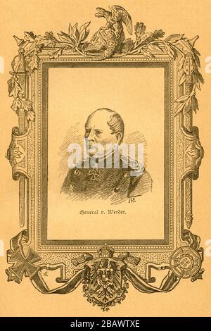 Europa, Deutschland, Ostpreußen, Norkitten, August Graf von Werder, vorauseilender General der Infantrie, Porträt, aktiv aus: ' der Krieg zwischen Frankreich und Deutschland in den Jahren 1870-1871 ', von J. Scheibert, Verlag von W. Pauli-Nachrücker ( H. Jerosch ), Berlin, im Jahre 1895 . / Europa, Deutschland, Ostpreussen, Norkitten, August Graf Werder, preussischer General der Infanterie , Porträt, Bild von: "Der Krieg zwischen Frankreich und Deutschland in den Jahren 1870-1871" ( Krieg zwischen Frankreich und Deutschland 1870-1871 ), von J. Scheibert, Verlag W. Pauli-Nachfolger ( H. Jeros Stockfoto