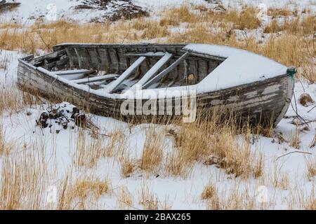Altes Fischerboot, das jetzt den Elementen aufgegeben wurde, in der Nähe des Dorfes Joe Batt's Arm auf der Fogo Insel, Neufundland, Kanada Stockfoto