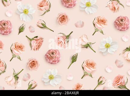 Vintage-Blumenmuster aus beigen Blumen und Rosenknospen. Valentines Hintergrund. Blumenhintergrund. Warmes Blumenmuster. Struktur mit Blumenmuster Stockfoto