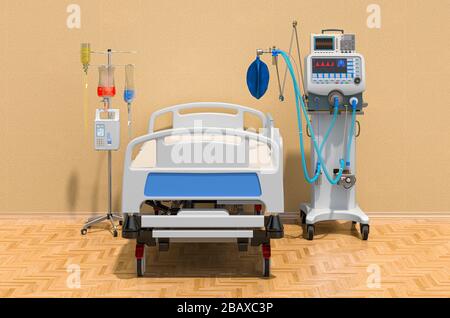 Intensivstation, Intensivstation im Raum. Medizinisches Beatmungsgerät, verstellbares Krankenhausbett und Tropfflöffel. 3D-Rendering Stockfoto