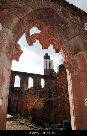 Kloster Limburg (Klosterruine Limburg) ist eine zerstörte Abtei in der Nähe von Bad Dürkheim, am Rande des Pfälzerwaldes in Deutschland. Blick durch ein gotisches Fenster. Stockfoto