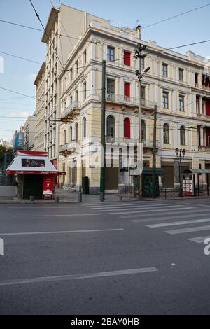 omonia Platz, Athen Griechenland, ruhiges Wahrzeichen Coronavirus Stockfoto