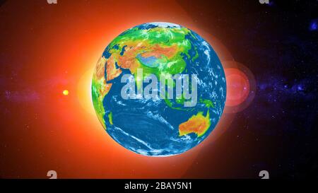 Planet Erde in der Nacht mit Stadtlichtern im All mit Sternen. 3D-Rendering-Abbildung. Stockfoto