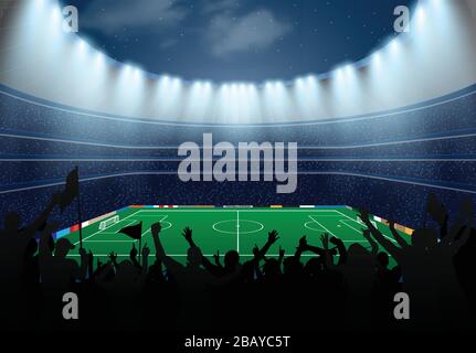 Fußball-Stadionkonzept mit Fans. Stock Vektor