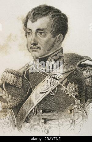 Józef Antoni Poniatowski (1763-1813). Aristócrata y militar polaco, UNO de los mariscales imperiales de Napoleón Bonaparte. Retrato. Grabado por Lemaitre, Vernier y Goulu. Historia de Polonia, por Charles Foster. Panorama Universal, edición española de 1840. Stockfoto