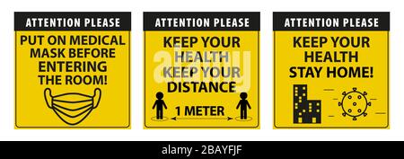 Coronavirus-Zeichen. Achtung. Halten Sie den Abstand zwischen den Personen mindestens 1 Meter. Warnzeichen für Informationen zur Quarantäne. Bleiben Sie zu Hause. COVID-19 Stock Vektor