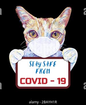 Ingwerkatze, Portrait niedlicher Kätzchen tragen ein chirurgisches Maskenschild mit Text, bleiben Sie vor Covid-19 sicher, isoliert auf Schwarz, Hintergrund, Vektor illusstra Stock Vektor