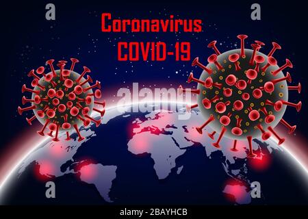 Corona-Virus 2019-ncov mit Erde. Wuhan-Viruserkrankung, Coronavirus aus China auf der ganzen Welt. Abbildung: Vektor des roten Moleküls der Coronavirus-Zelle. Stock Vektor