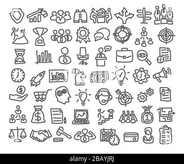 Geschäftssymbole in handgezeichneter Form auf weißem Hintergrund. Stock Vektor