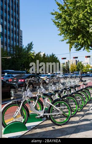 Öffentlicher Fahrradverleih in Seoul, Südkorea. Fahrradparkplätze in einer Reihe entlang der Straße mit Blick auf die Stadt. Stockfoto