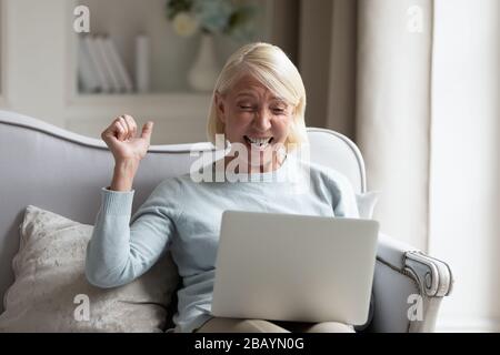 Überfreute Seniorinnen fühlen sich im Internet euphorisch siegreich Stockfoto