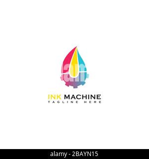Dieses Logo zeigt eine Tintenmaschine mit zwei Symbolen, nämlich dem Tintentropfen und dem Getriebesymbol für die Maschine. Dieses Logo ist suitabl Stock Vektor