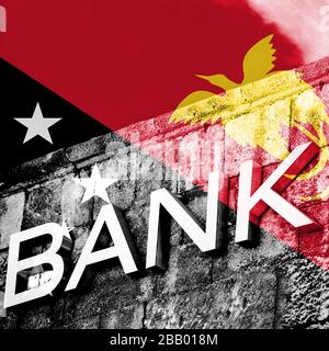 Finanz- und Wirtschaftskonzept der Bank mit Flagge Papua-Neuguineas Stockfoto