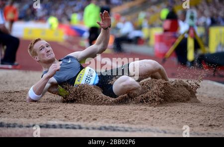 Großbritanniens Greg Rutherford im Einsatz beim Herren-Weitsprung beim großen Preis von Aviva Birmingham Stockfoto